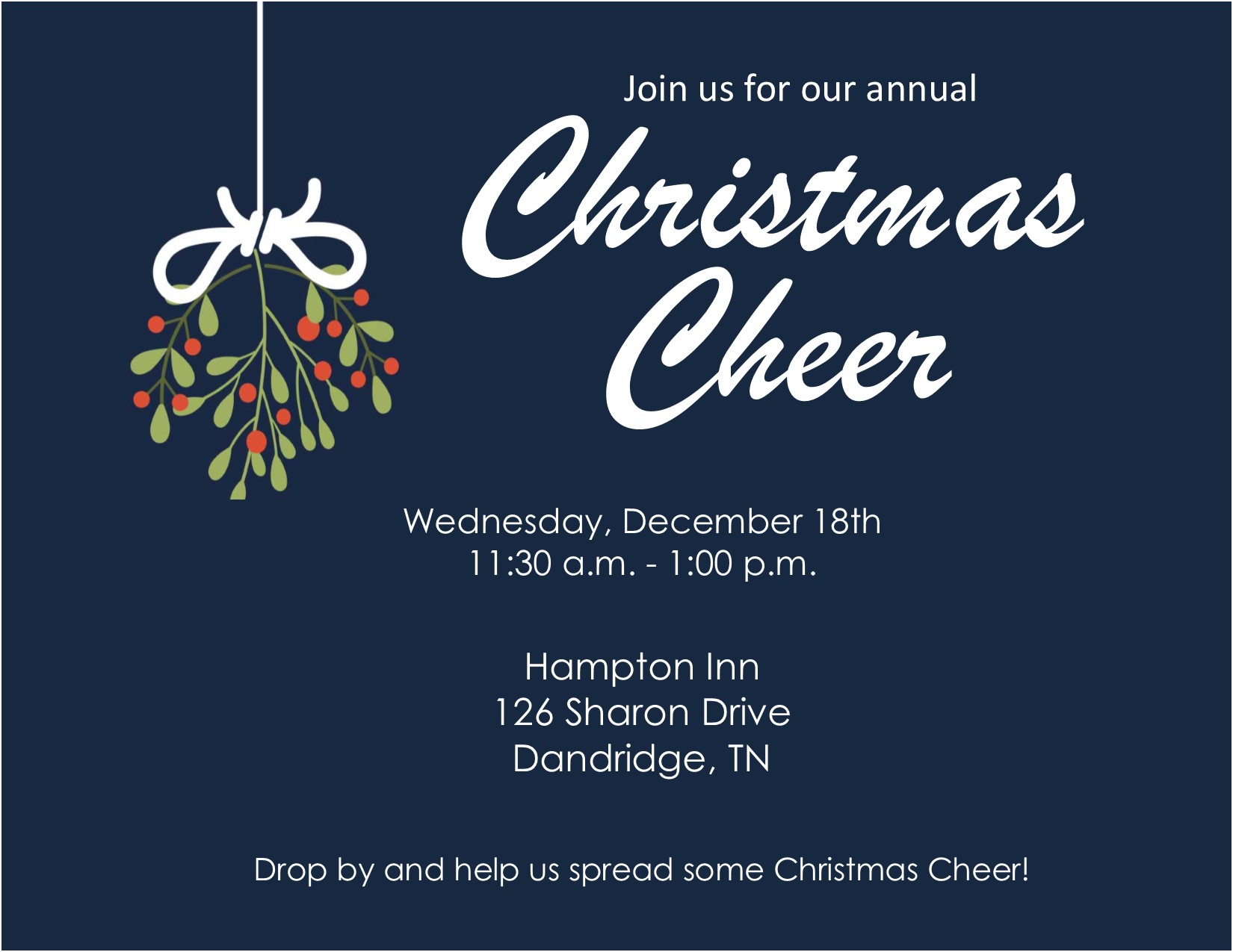 Event graphic for the annual Christmas Cheer event with location, time, and date on it.