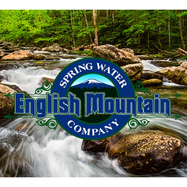 English Mountain Spring Water logo over a natural spring